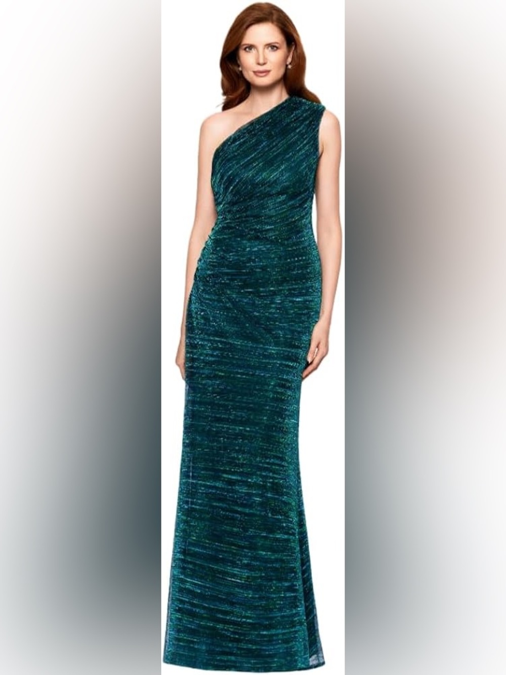 Betsy & Adam Women's One Shoulder, Metallic Knit, Sheath, Floor Length Dress NWT